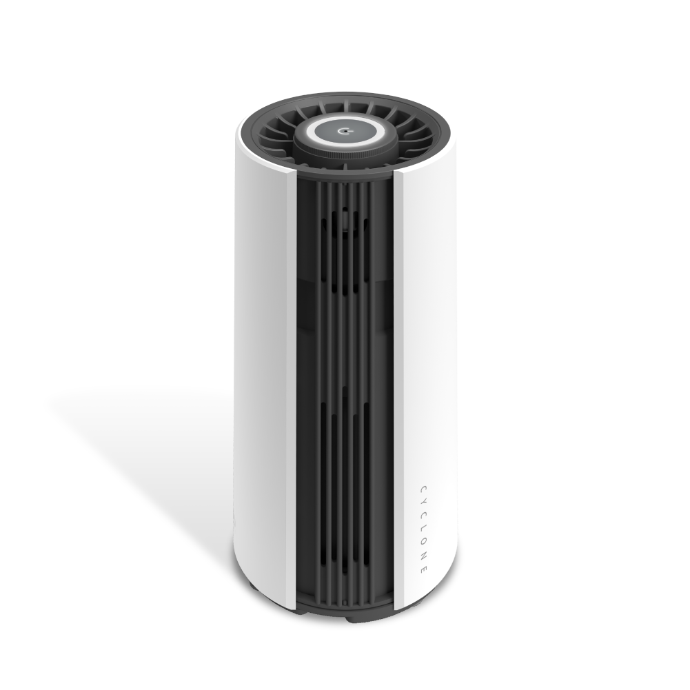 Cyclone Mini Air Purifier Showing the white front side with black vents