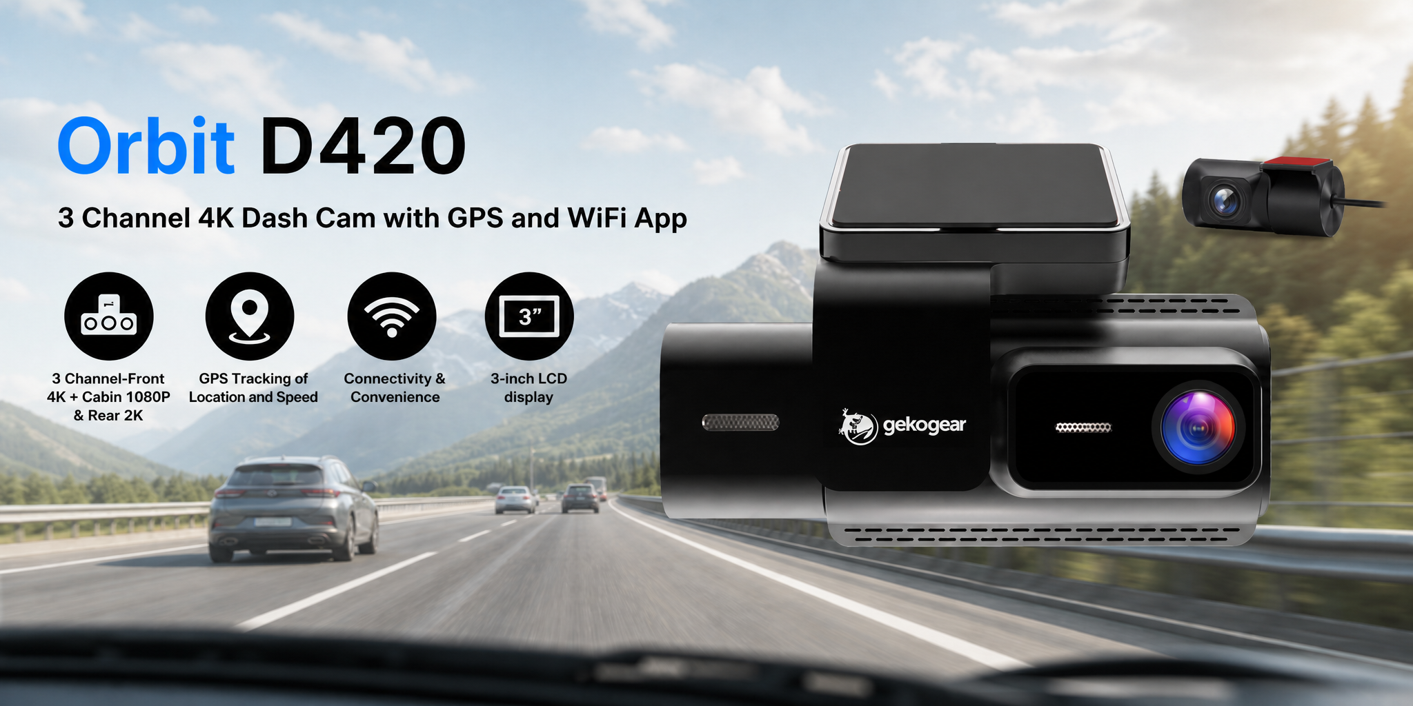 Orbit D420 3 Channel 4K Dash Cam with GPS and App Access