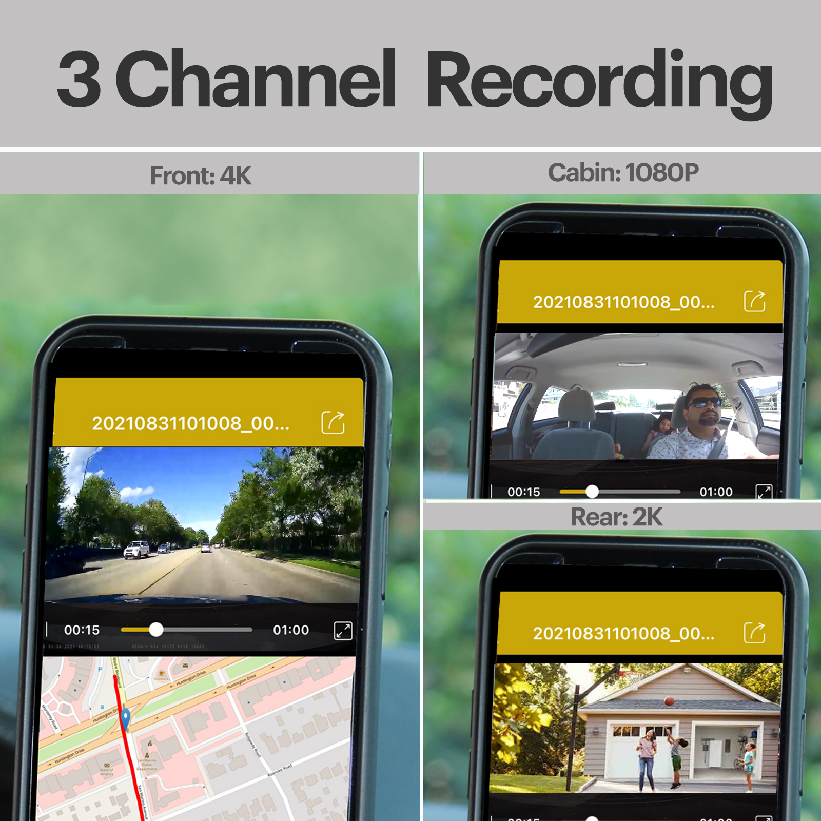 3 Channel 4K Dash Cam with GPS and App Access
